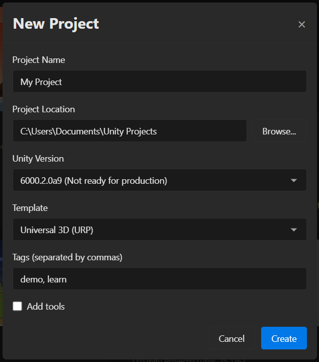 Creating a new Unity project