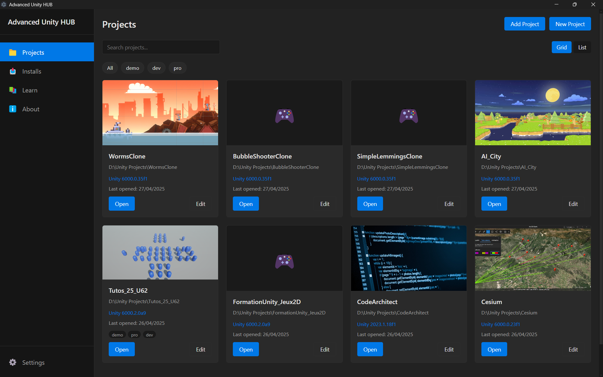 Advanced Unity HUB Interface